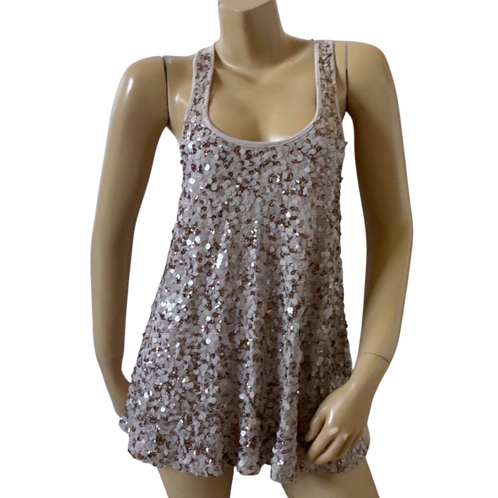 Ludi Sequin Tank Top Womens Size Small Beige Racerback Party Clubwear Night Out
